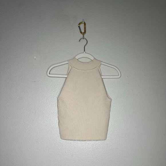 Cream Ribbed Knit Criss Cross Halter Neck Tank Top - Picture 2 of 4